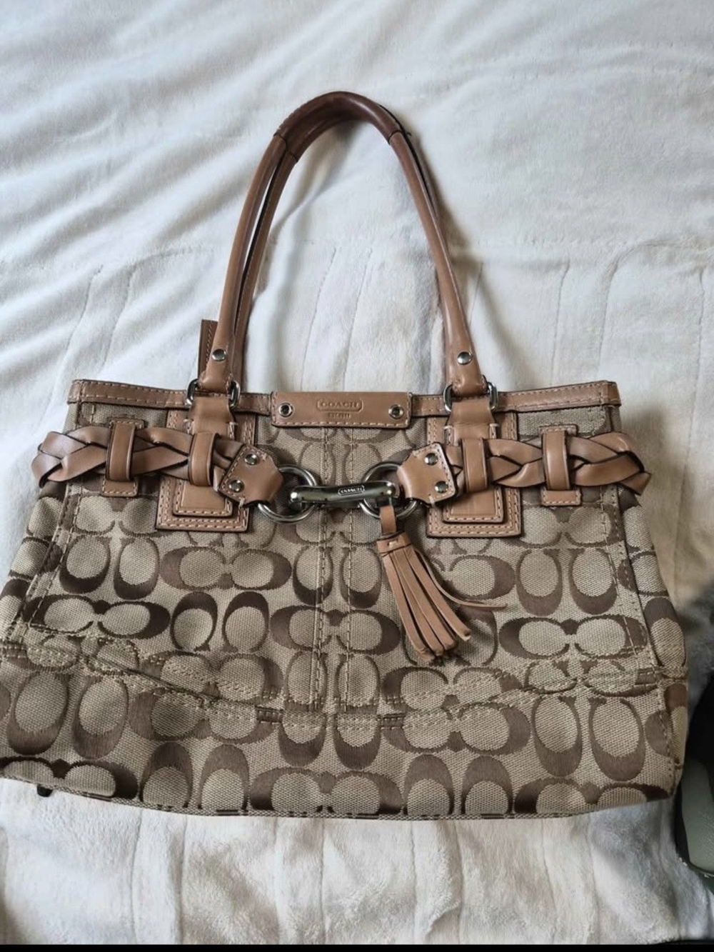 Coach Beige/Brown Signature Tote with Braided Leather Trim